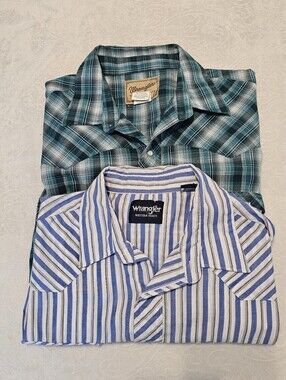 Lot of 2 Wrangler Western Snap Shirts Mens 2XL Big & 2XLT Teal Plaid Blue Stripe